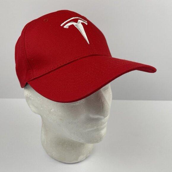 TESLA Baseball Hat Cap Strapback Red White Embroidery - Picture 1 of 8